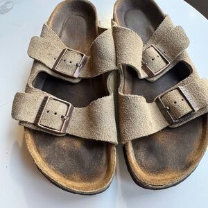 Birkenstock Suede Double-Strap Sandals in Taupe, Size 39